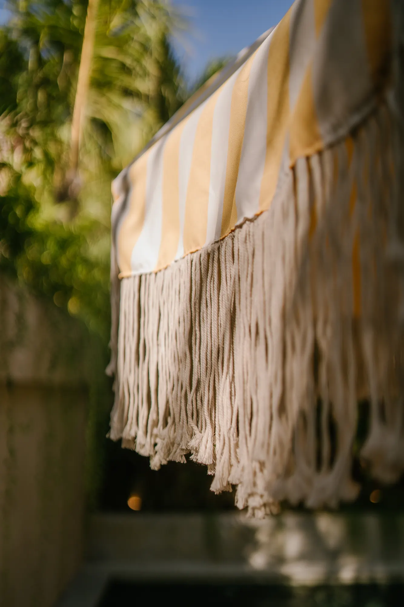 Striped fabric banner fluttering with tropical plants blurred