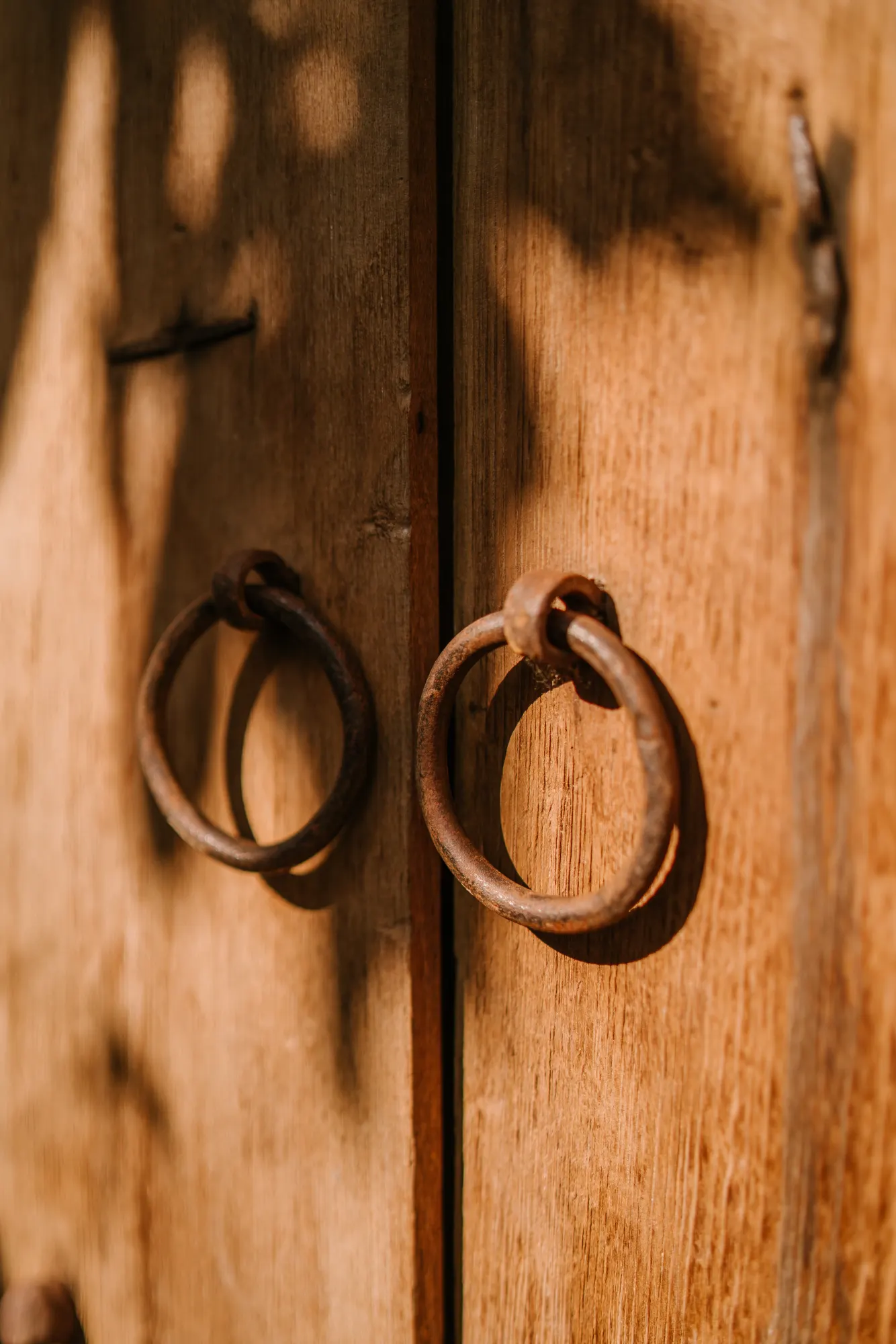 Double wooden ring door handles with rustic patina detail