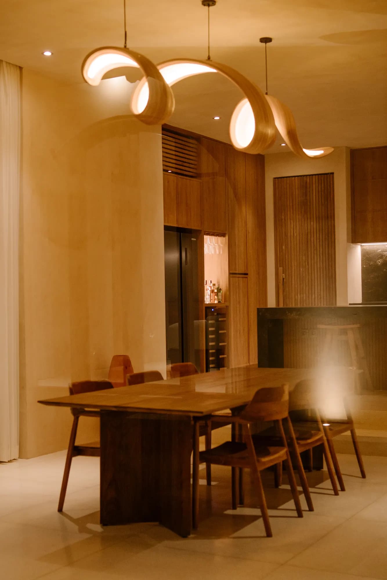 Kitchen and dining space with ambient mood lighting